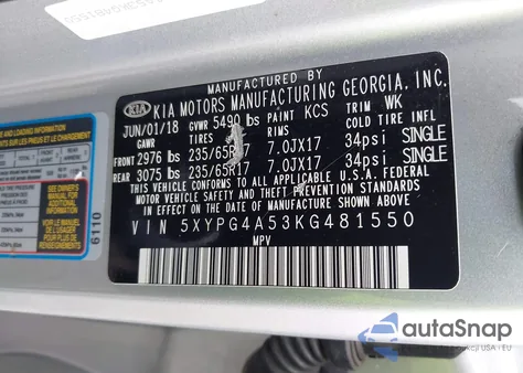 2019 Kia Sorento 3.3L Lx из США, поврежденный, VIN 5XYPG4A53KG481550